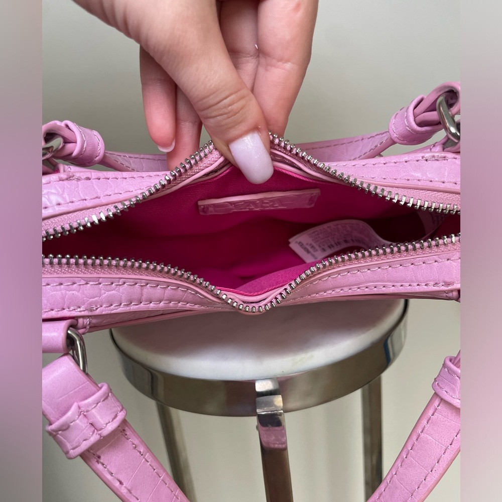 Zara Croc Embossed Top Handle Bag with Strap Pink Silver - Picture 6 of 16